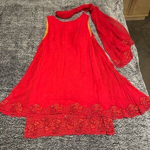 Stunning Red Designer Dress with Beautiful Beading and Scarf with Matching Beads